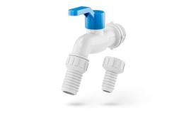 Canilla esferica blanca c/ palanca azul  pvc Krona